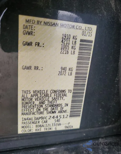2015 Nissan Altima 2.5 from USA, damaged, VIN 1N4AL3AP9FC244512